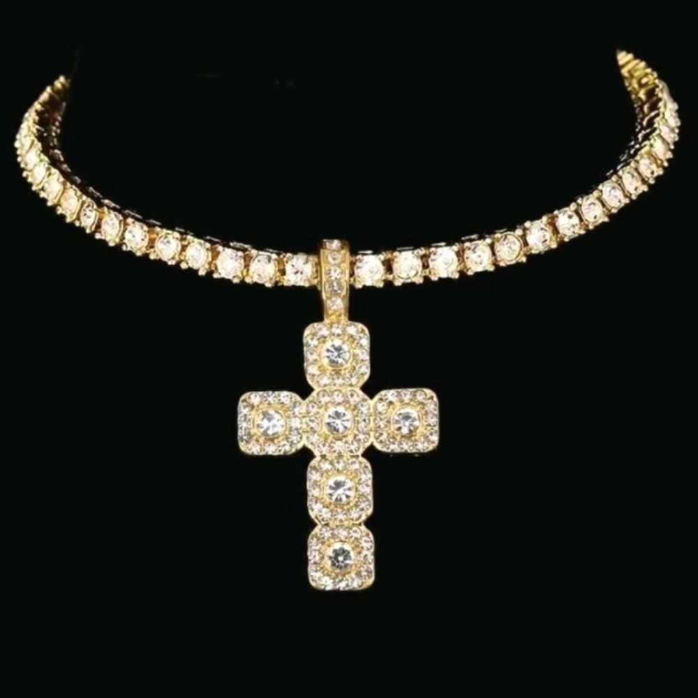 14k Yellow Gold Plated Lab Created Diamond Cross Pendant Tennis Necklace 18"
